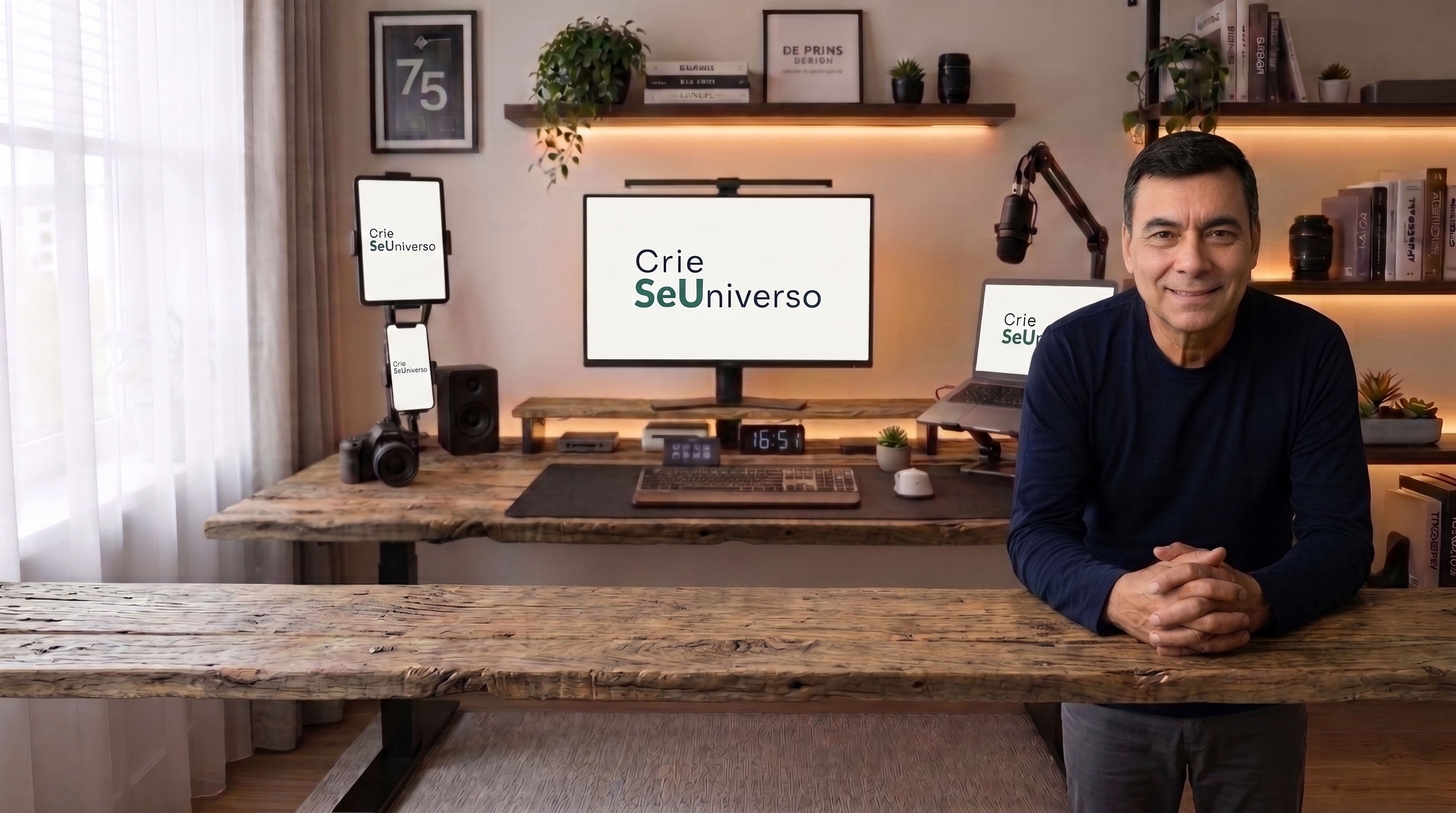 Edson Lima em seu estúdio, em frente à mesa de trabalho